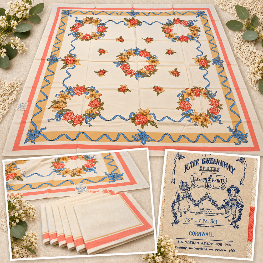 1946 Kate Greenaway Cornwall Tablecloth 52” Leacock Prints with 6 Napkins NOS